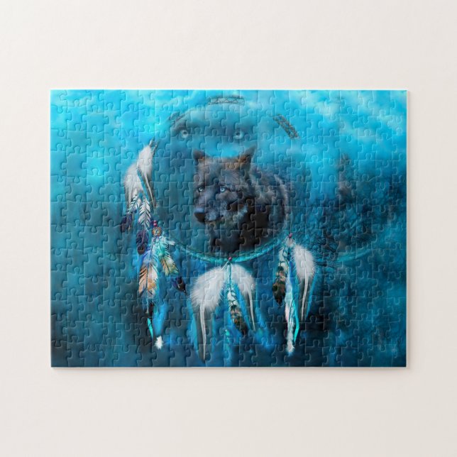 Quebra-cabeça Sonhadora de lobo indiano com ornamentos étnicos (Horizontal)