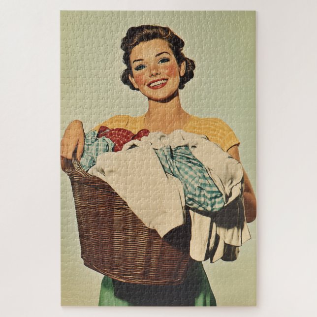 Quebra-cabeça Sorrindo dona de casa com cesta de lavanderia (Vertical)