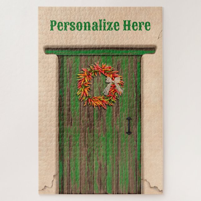 Quebra-cabeça Southwest Chile Ristra Wreath Weathered Wood Door (Vertical)