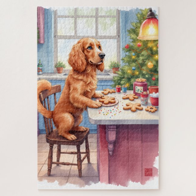 Quebra-cabeça Spaniel Cocker Fofo Ganhando Pão de Gengibre Natal (Vertical)