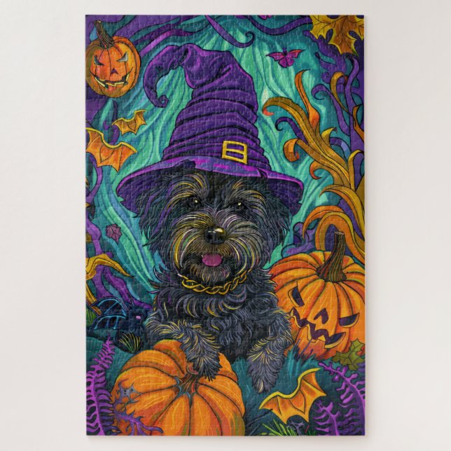 Quebra-cabeça Spookan Tibetan Terrier Dog Halloween Witch Pumpki (Vertical)