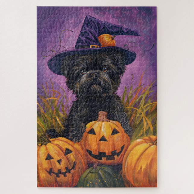 Quebra-cabeça Spooky Affenpinscher Halloween Witch e Pumpkin (Vertical)