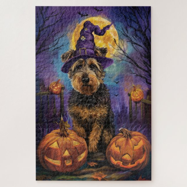 Quebra-cabeça Spooky Airedale Halloween Witch e Pumpkin (Vertical)