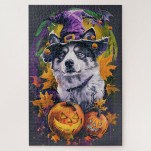 Quebra-cabeça Spooky Akita Halloween Witch e Pumpkin