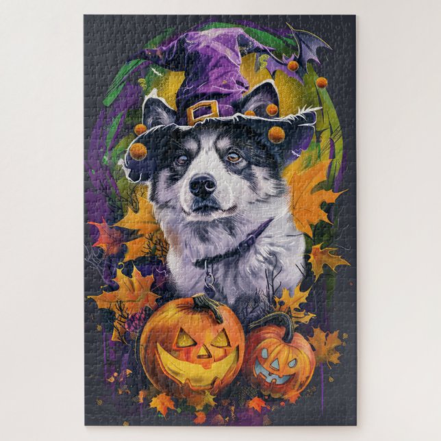 Quebra-cabeça Spooky Akita Halloween Witch e Pumpkin (Vertical)