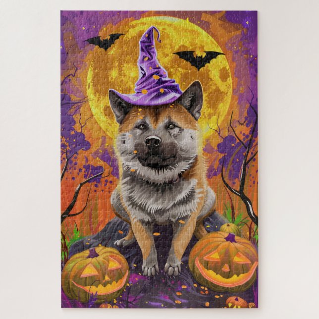 Quebra-cabeça Spooky Akita Halloween Witch e Pumpkin (Vertical)