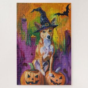 Quebra-cabeça Spooky Basenji Halloween Witch E Pumpkin