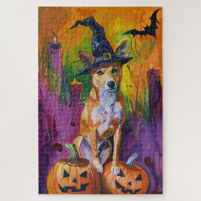 Quebra-cabeça Spooky Basenji Halloween Witch E Pumpkin (Vertical)
