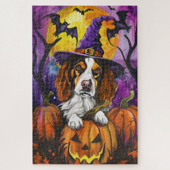 Quebra-cabeça Spooky Brittany Spaniel Halloween Witch Pumpkin (Vertical)