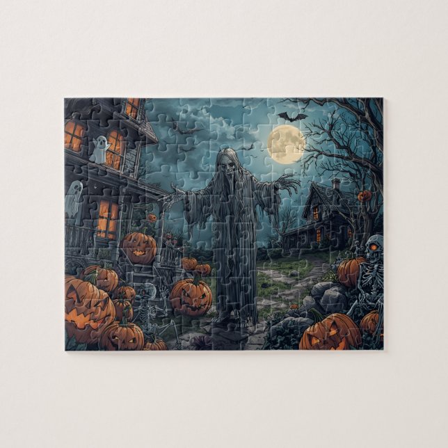 Quebra-cabeça Spooky Halloween Ghost Pumpkins Full Moon (Horizontal)
