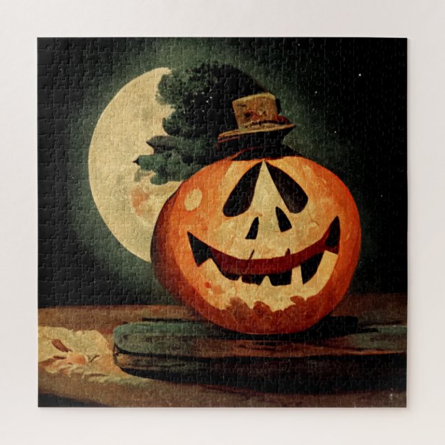 Quebra-cabeça Spooky Jack-O-Lanterna Vestindo um Chapéu Superior (Vertical)