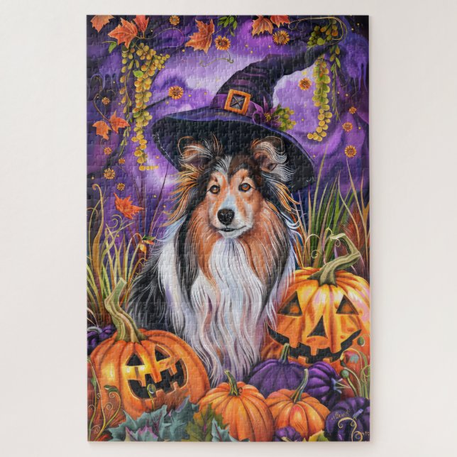 Quebra-cabeça Spooky Shetland Sheepdog Halloween Pumpkin (Vertical)