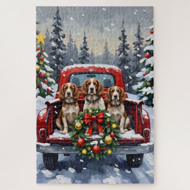 Quebra-cabeça Springer Spaniel Christmas Red Truck Holiday (Vertical)