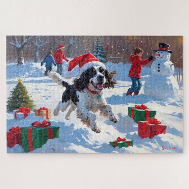 Quebra-cabeça Springer Spaniel Correndo na Neve com Chapéu de Na (Horizontal)