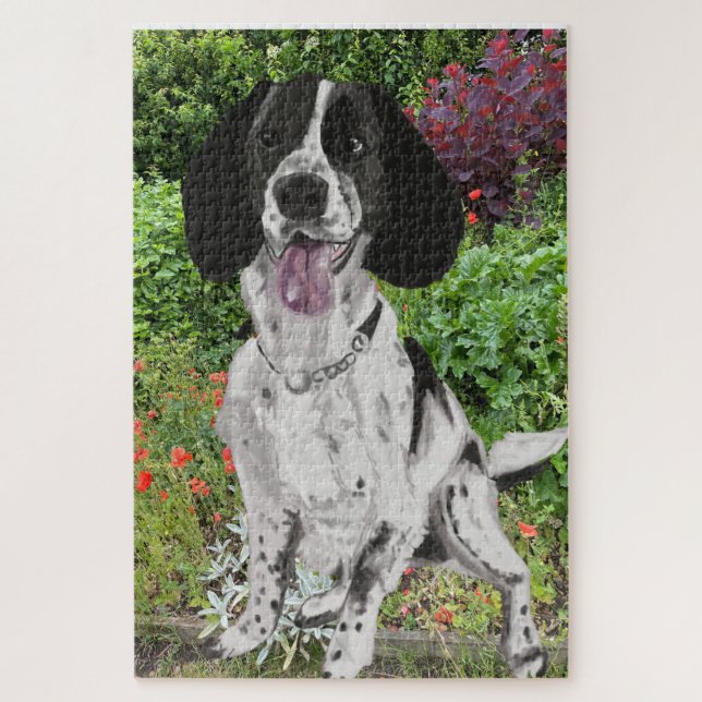 Quebra-cabeça Springer Spaniel preto e branco contra uma Flor  (Vertical)