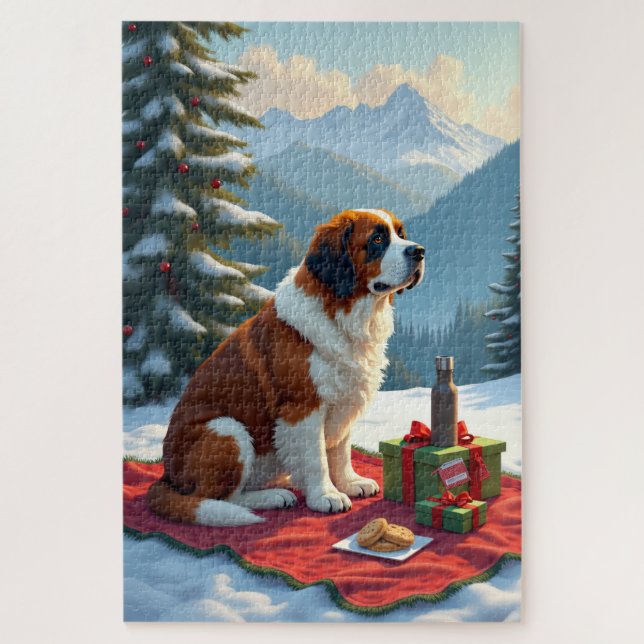 Quebra-cabeça St. Bernard Winter Picnic Christmas Painting (Vertical)