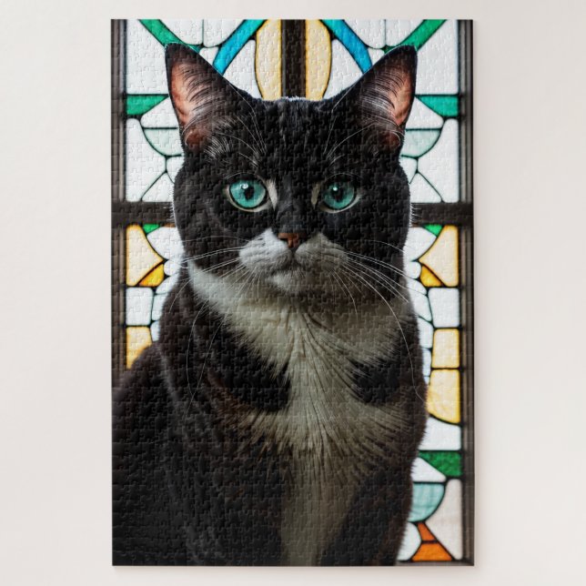 Quebra-cabeça Stained Glass Black and White Cat Jigsaw Puzzle (Vertical)