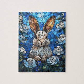 Quebra-cabeça Stained Glass Bunny with White Roses – Jigsaw Puzz
