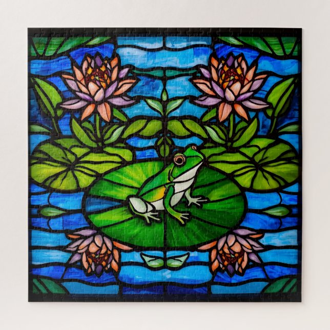 Quebra-cabeça Stained Glass Green Frog and Water Lily Flowers  (Vertical)