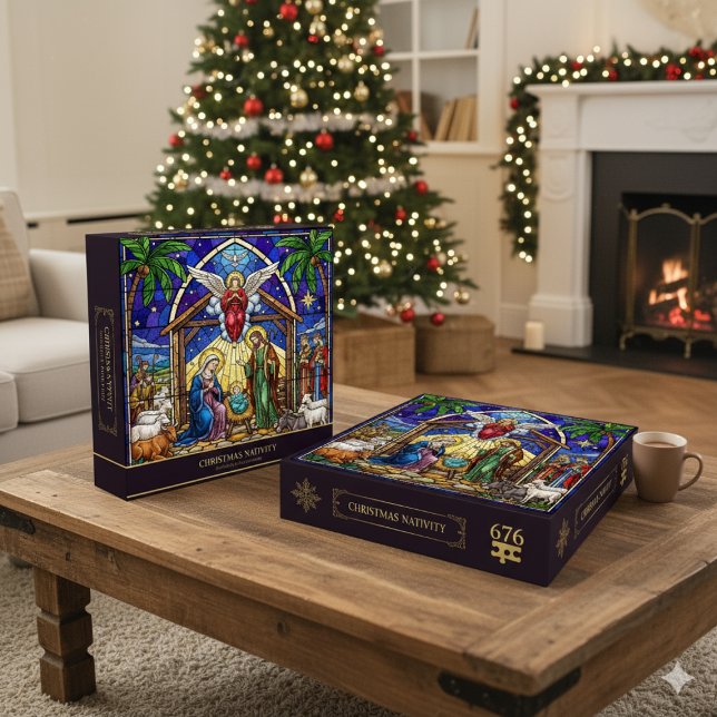 Quebra-cabeça Stained Glass Religious Nativity Scene Christmas  (Stained Glass Religious Nativity Scene Christmas Jigsaw Puzzle)