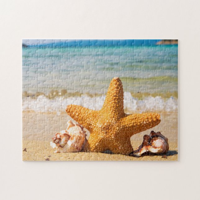 Quebra-cabeça Starfish e Seashells na praia (Horizontal)