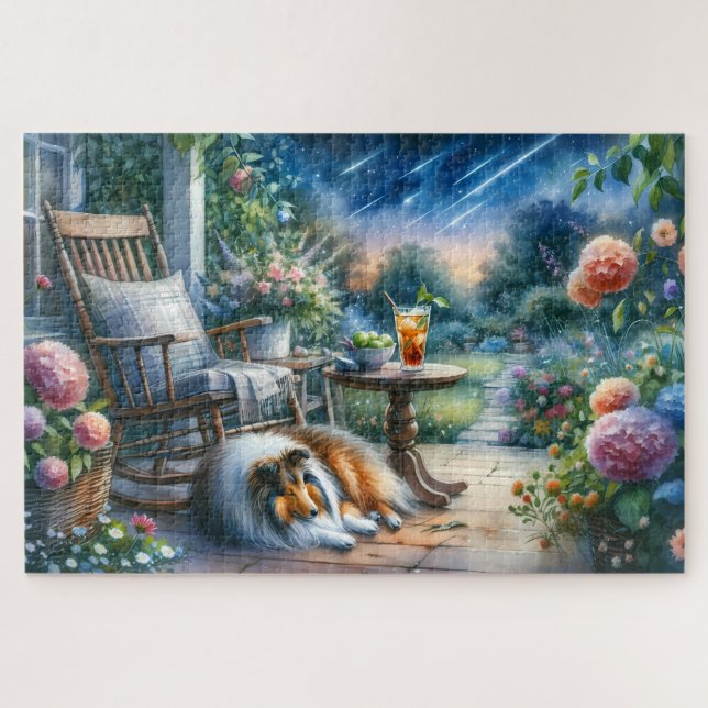 Quebra-cabeça Starlit Garden Porch Sheltie Dream (Horizontal)