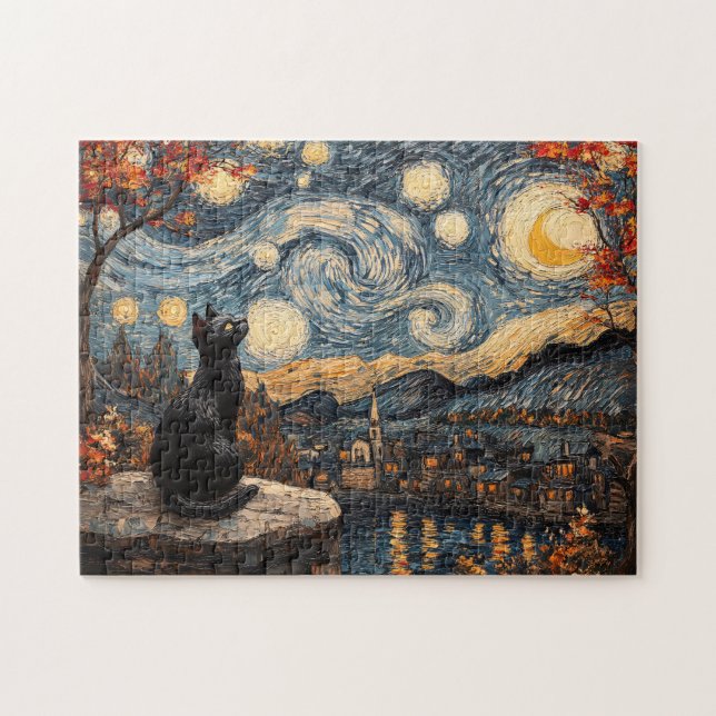 Quebra-cabeça Starry Night Black Cat (Horizontal)