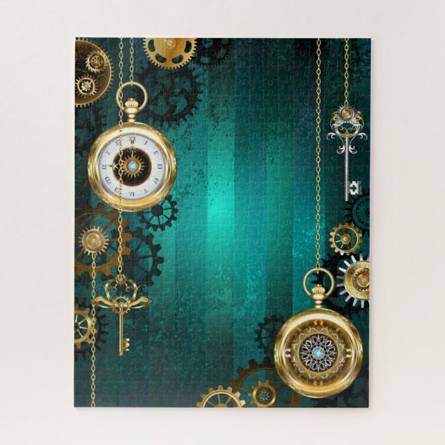 Quebra-cabeça Steampunk Jewelry Watch em um fundo verde (Vertical)