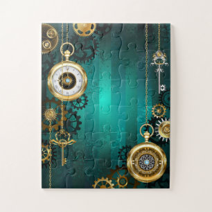 Quebra-cabeça Steampunk Jewelry Watch em um fundo verde
