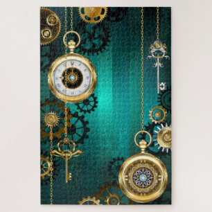 Quebra-cabeça Steampunk Jewelry Watch em um fundo verde