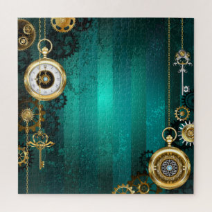 Quebra-cabeça Steampunk Jewelry Watch em um fundo verde
