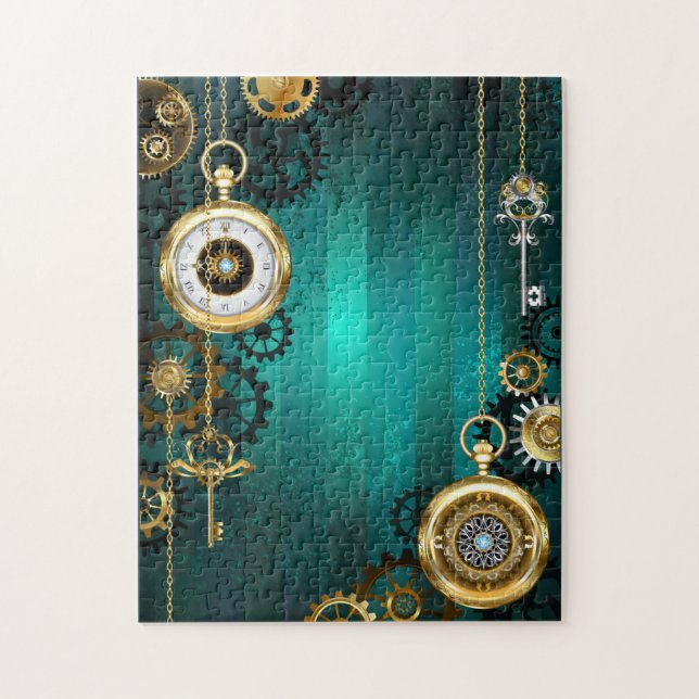 Quebra-cabeça Steampunk Jewelry Watch em um fundo verde (Vertical)