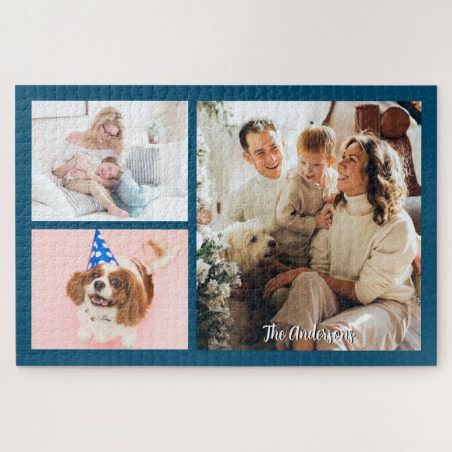 Quebra-cabeça Sua família de fotos e nome de script em Ocean Blu (Horizontal)