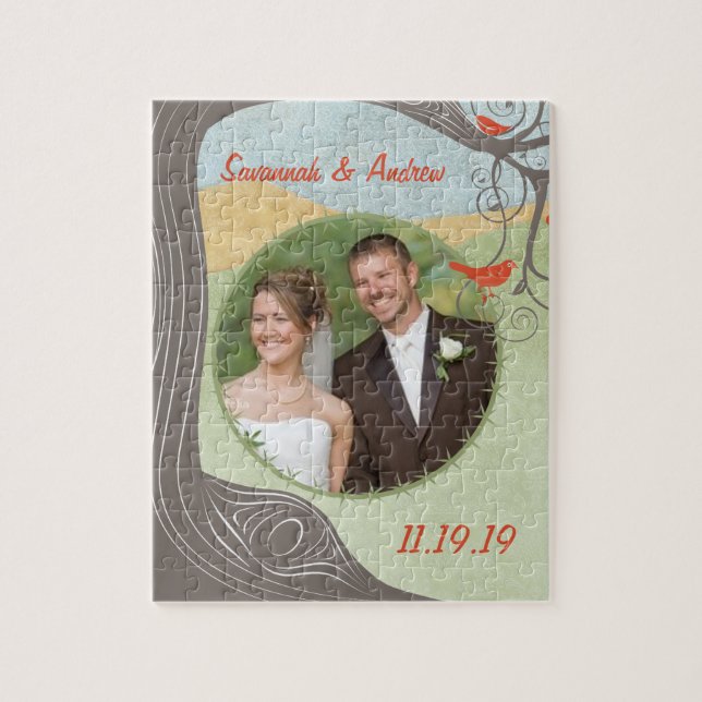 Quebra-cabeça Sua Foto De Casamento Pássaros De Árvores De Madei (Vertical)