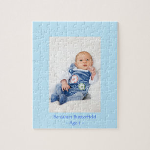 Quebra-cabeça Sua foto do bebé com seu nome no quadro azul