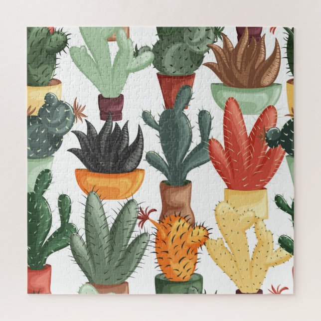 Quebra-cabeça Suculentes, cactos: padrão floral fofo. (Vertical)