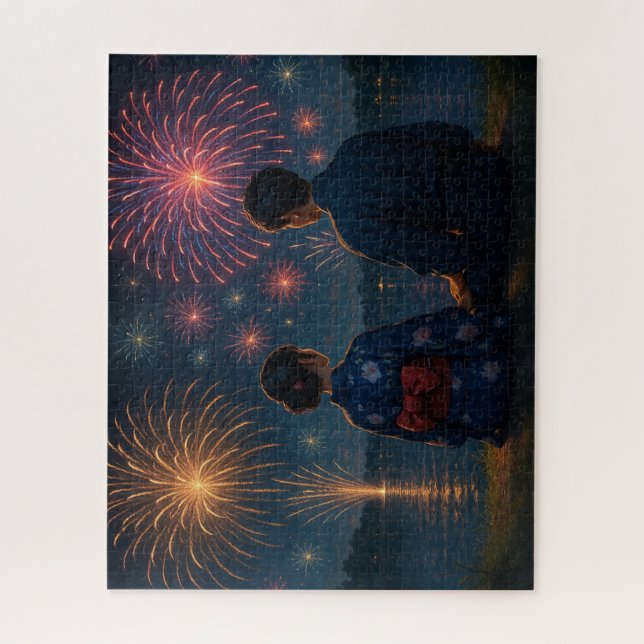 Quebra-cabeça Summer Fireworks by the Lake with a Yukata Couple (Vertical)