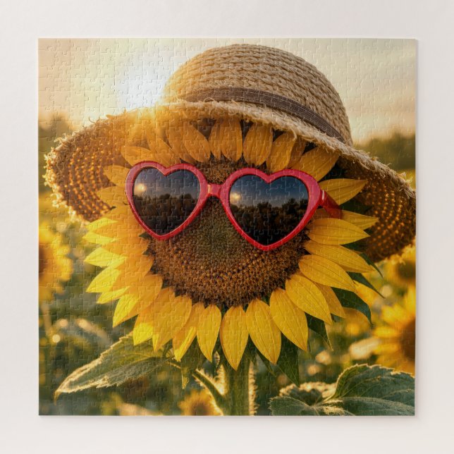 Quebra-cabeça Sunflower Wearing Sunglasses and Straw Hat (Vertical)