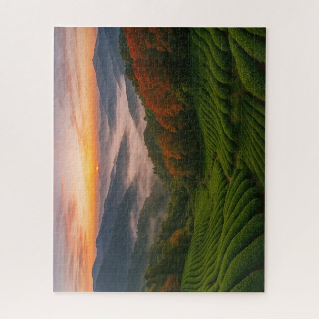 Quebra-cabeça Sunrise over Mountain Tea Fields in Japan (Vertical)