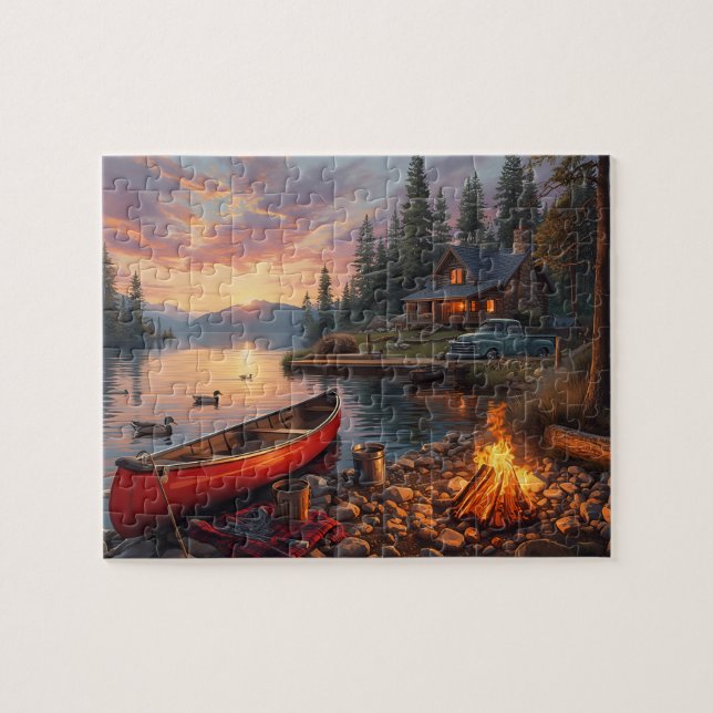 Quebra-cabeça Sunset Lake Cabin Canoe Campfire Scenery (Horizontal)