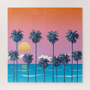Quebra-cabeça Sunset Tropical: Ilustração de Praia Vintage