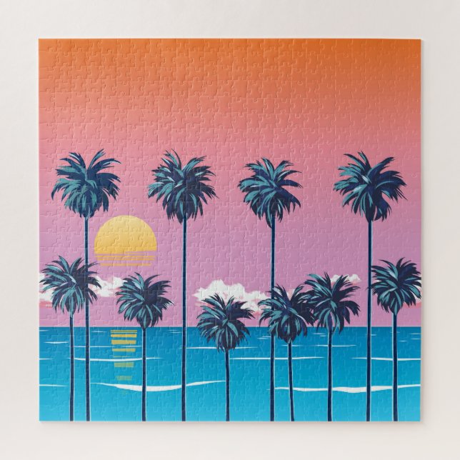 Quebra-cabeça Sunset Tropical: Ilustração de Praia Vintage (Vertical)