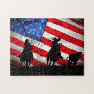 Quebra-cabeça Super Legal Cowboys Roping Steer e Flag