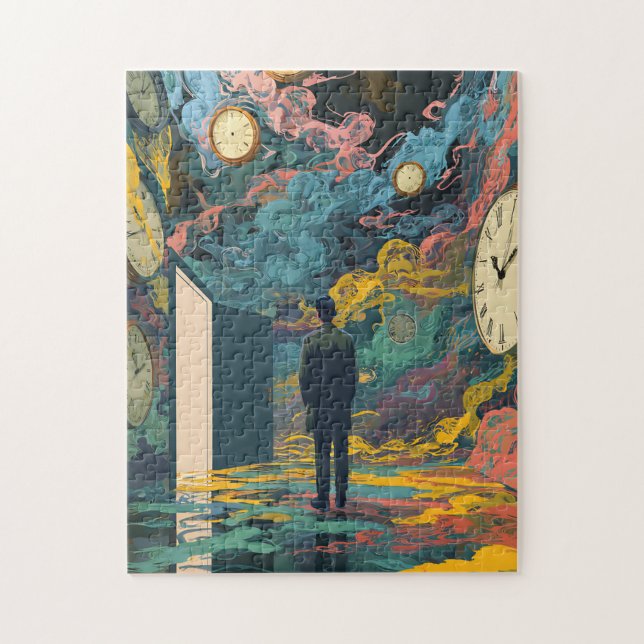 Quebra-cabeça Surreal Figure Room Swirling Clocks Smoke Wall Art (Vertical)