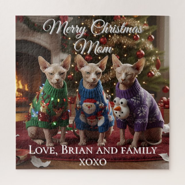 Quebra-cabeça Sweater de Natal Feio de Gatos Sphynx Personalizad (Vertical)
