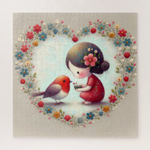 Sweet Robin and Little Girl Floral Heart