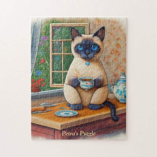 Quebra-cabeça Sweet Siamese Cat and Tea Cup Puzzle (Vertical)