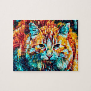 Quebra-cabeça Tabby Cat Boho Orange Blue Colorful Hippie