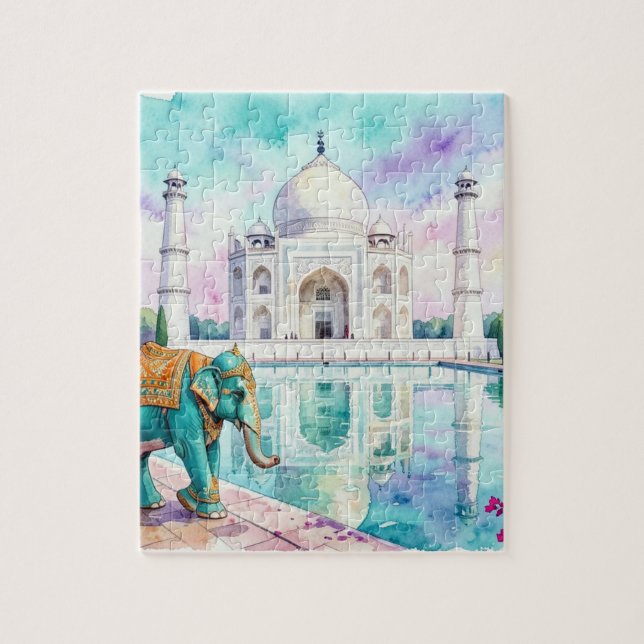 Quebra-cabeça Taj Mahal & Elefante Aquarela (Vertical)