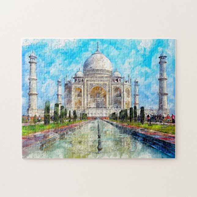 Quebra-cabeça Taj Mahal Watercolor Pintado (Horizontal)